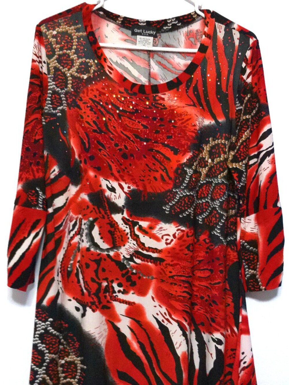 Get Lucky USA Blouse XL Red Black Animal Print 3/4 Sleeve Stretch Top